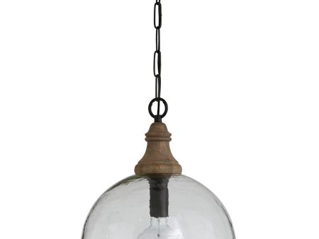 1-Light Pendant In Grey Wash & Pewter With Clear Organic Rippled And Mango Wood Hot on Sale