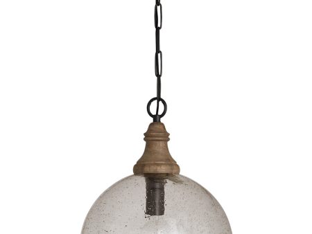 1-Light Pendant In Grey Wash & Pewter With Clear Seeded And Mango Wood For Discount